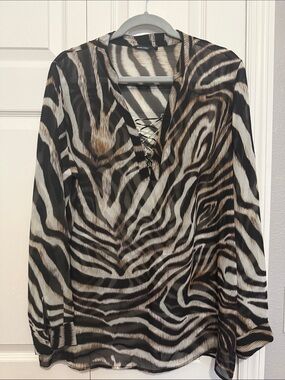 Marciano Cream and Brown Zebra-Print Lace-Up Blouse